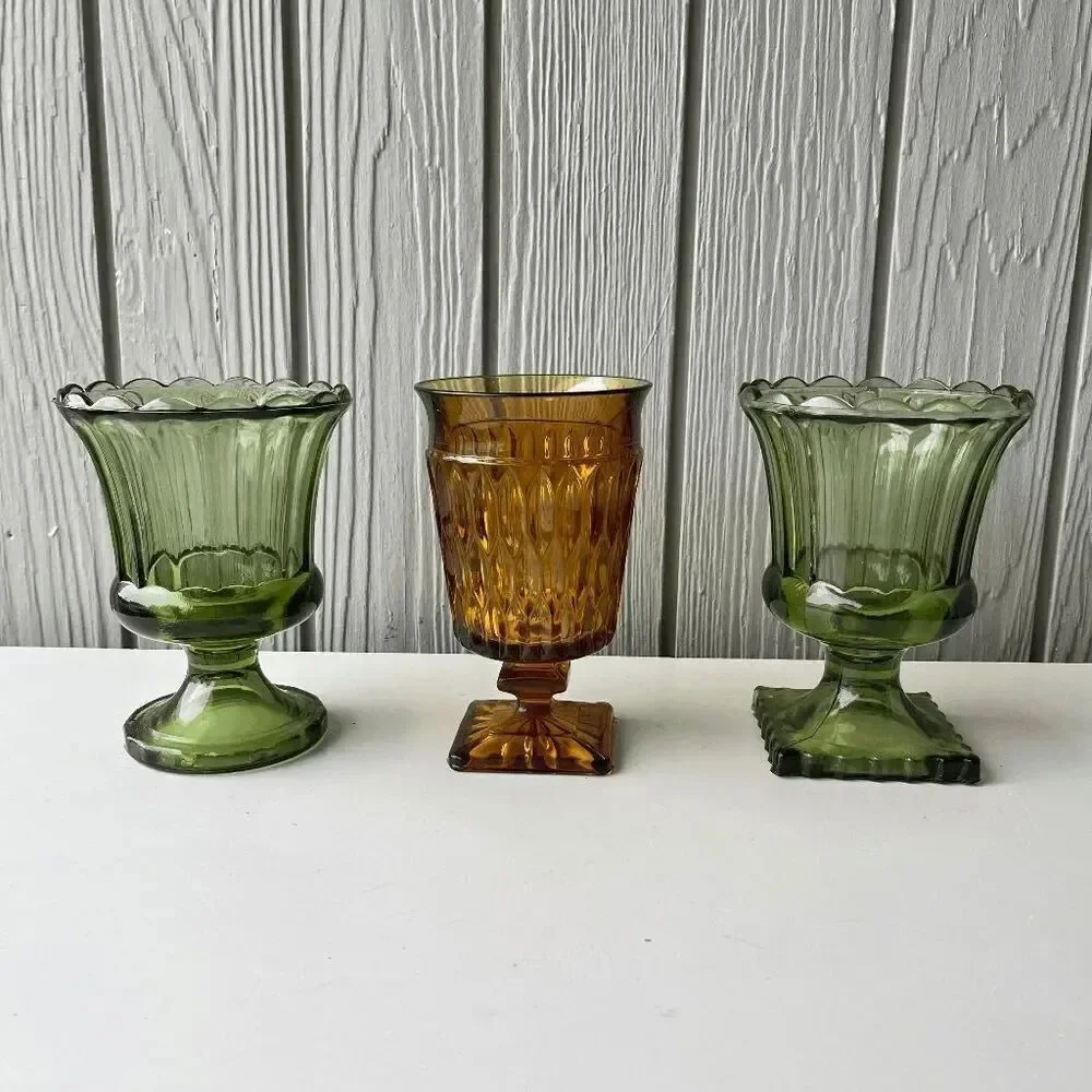 3 Piece VTG Indiana Glass Avocado Green Pedestal Vases + Amber Mount Vernon Set